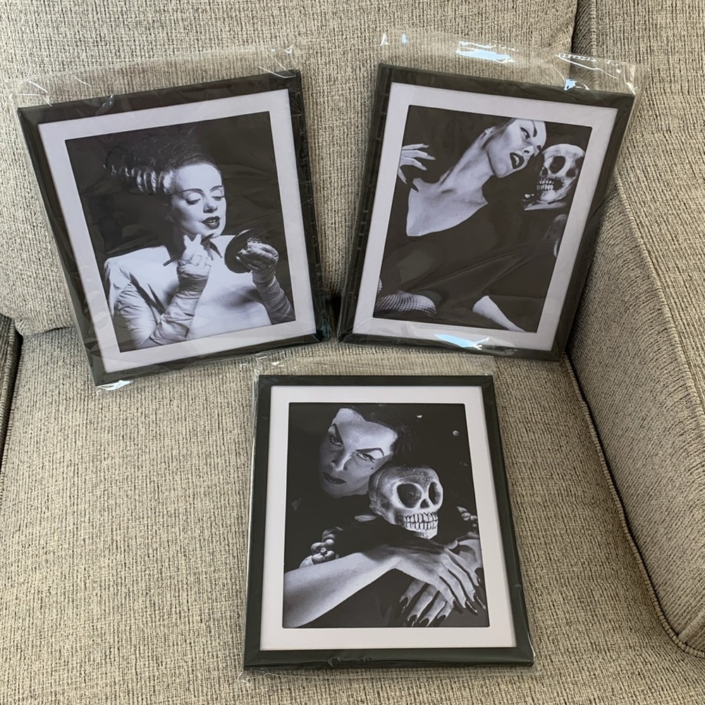 3 Black & White Halloween Art Print Set Vampira w skull, Bride of Frankenstein - Picture 10 of 16